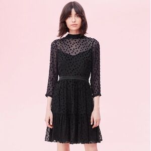 Rebecca Taylor Black Sheer Dot-Overlay Long Sleeve Fit & Flare Dress